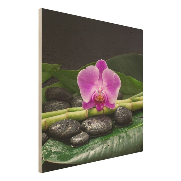 Déco murale cuisine Bambou vert avec fleur d'orchidée