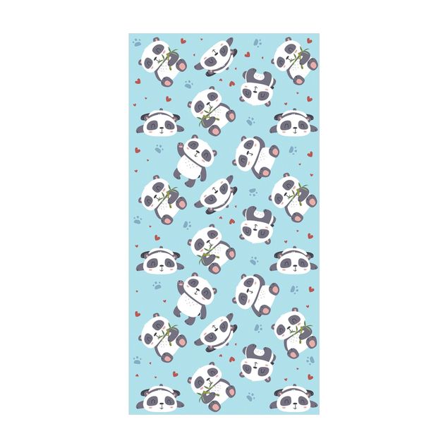 tapis longs Panda mignon avec empreintes de pattes et cœurs bleu pastel