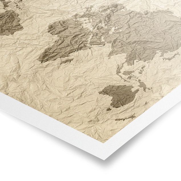 Tableau marron moderne Carte du Monde en Papier Beige Marron