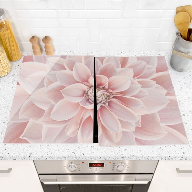 Cache plaques de cuisson fleurs Dahlia en rose poudré
