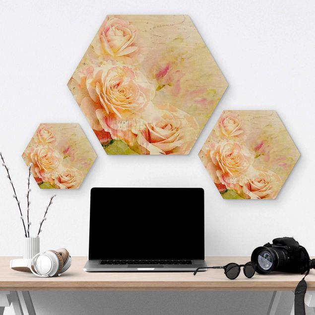 Hexagone en bois - Watercolour Rose Composition