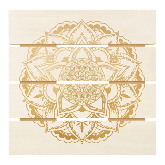 Impression sur bois - Mandala Flower Gold White