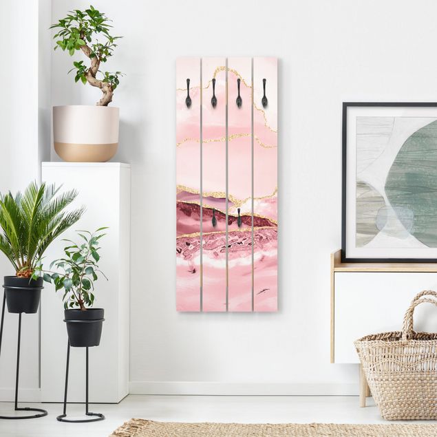 Porte manteau mural shabby chic Abstract Mountains Pink With Golden Lines