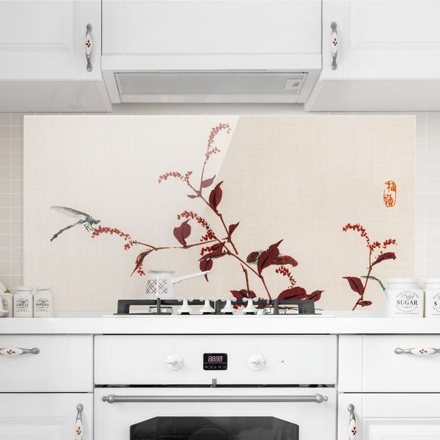 Déco murale cuisine Dessin vintage asiatique Branche rouge avec libellule