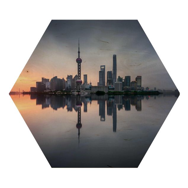 Hexagone en bois - Shanghai Skyline Morning Mood