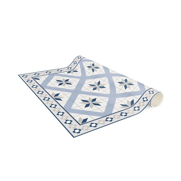 tapis imitation carreaux de ciment Carreaux Géométriques Fleurs Losanges Bleu avec Bordure