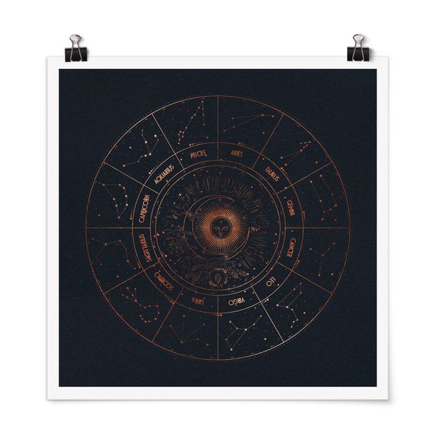 Posters mappemonde Astrologie Les 12 Signes du zodiaque Or Bleu