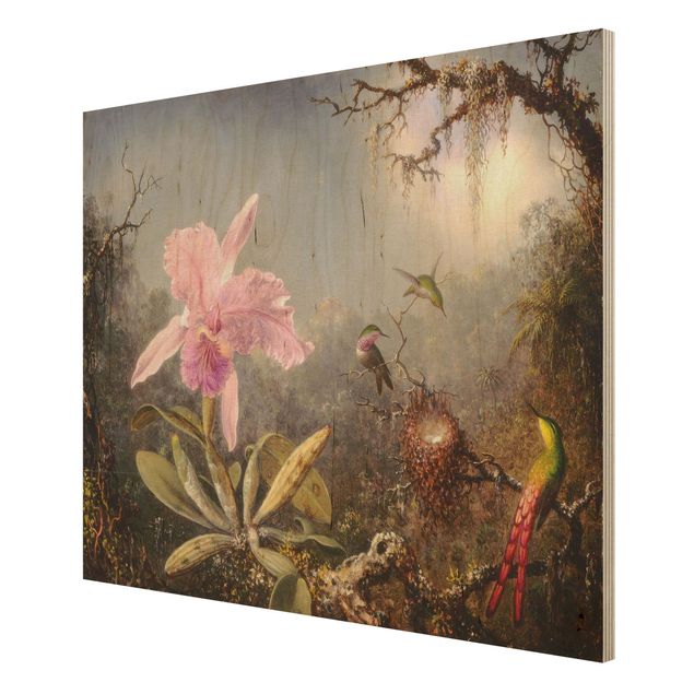 Tableaux en bois avec fleurs Martin Johnson Heade - Orchidée et trois colibris