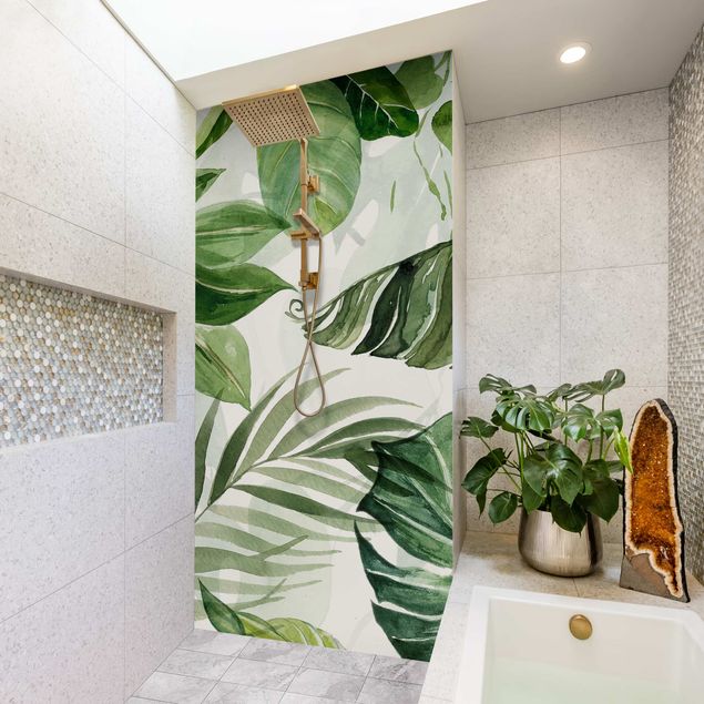 Revêtement mural douche Aquarelle - Feuilles et vrilles tropicales