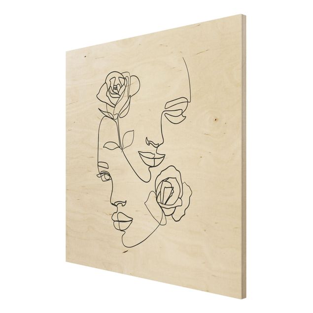 Tableau artistique Line Art Visages Femmes Roses Noir et Blanc