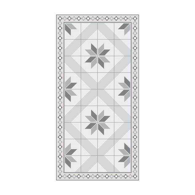 tapis imitation carrelage Carreaux Géométriques Fleurs Losanges Gris avec Bordure Étroite