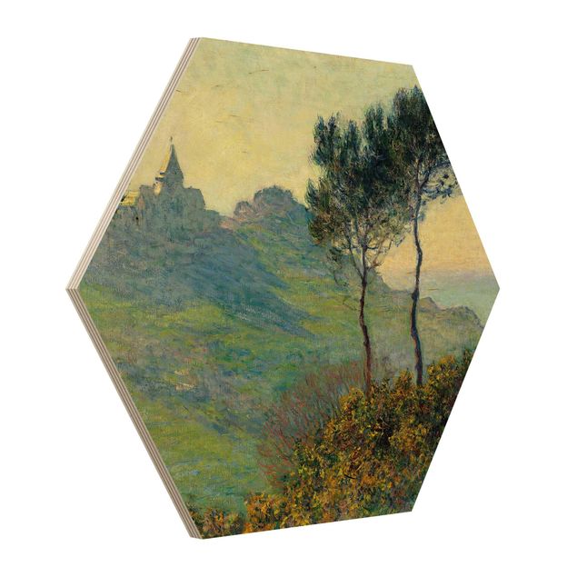 Tableaux en bois avec paysage Claude Monet - L'église de Varengeville au soleil couchant