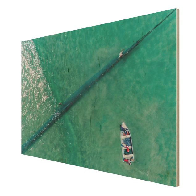 Tableaux en bois avec plage & mer Vue aérienne - Pêcheurs