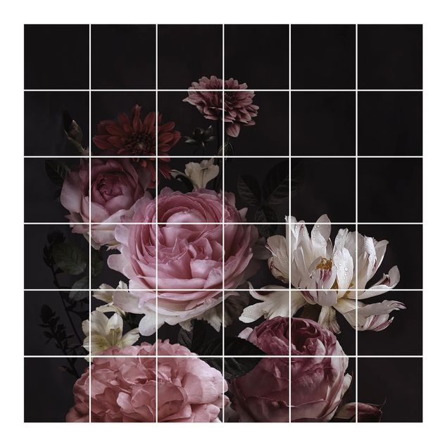 Sticker pour carrelage avec image - Pink Flowers On Black