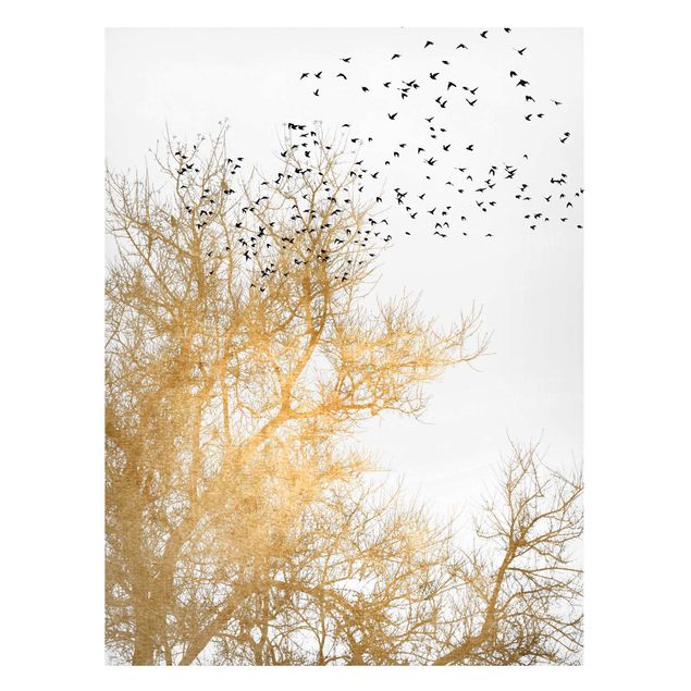 Tableau paysage Foule d'oiseaux devant un arbre doré