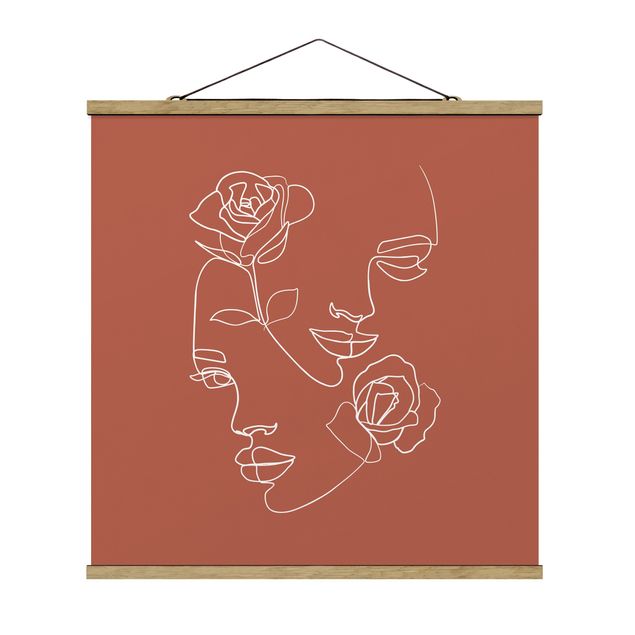 Tableau abstrait Line Art Visages Femmes Roses Cuivre