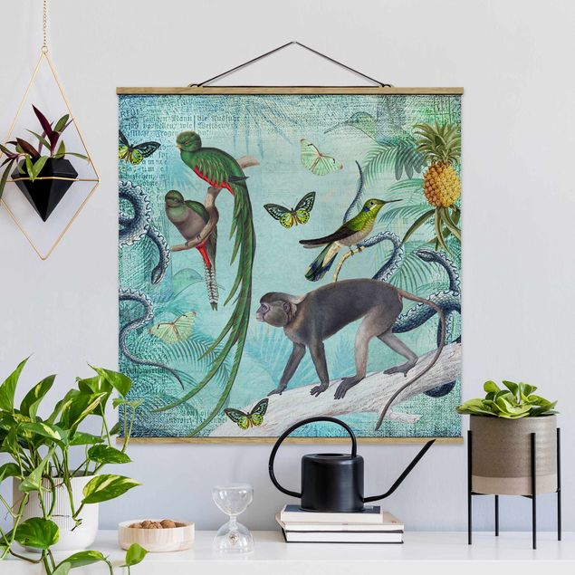 Déco murale cuisine Collage de style colonial - Singes et oiseaux de paradis