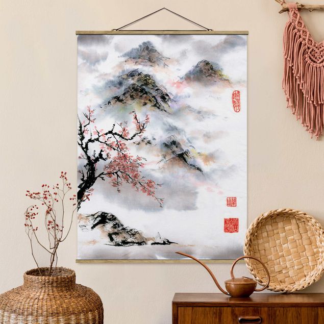 Déco mur cuisine Dessin aquarelle japonais Cerisier et montagnes