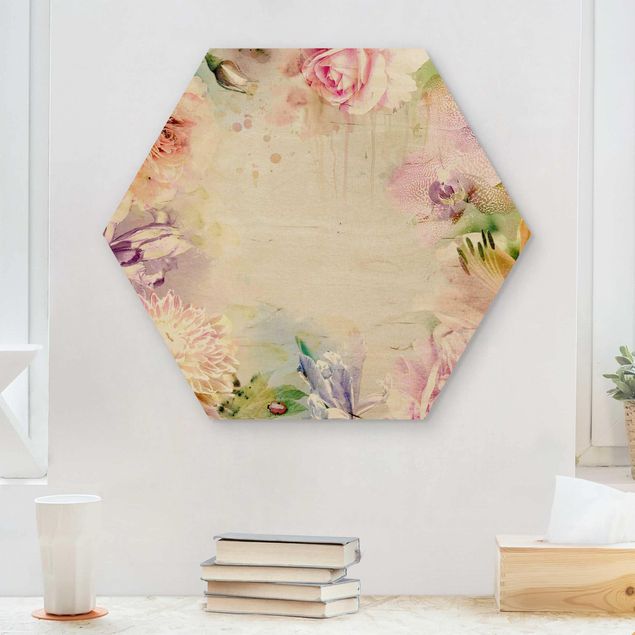Tableaux en bois avec fleurs Mélange de fleurs pastel à l'aquarelle