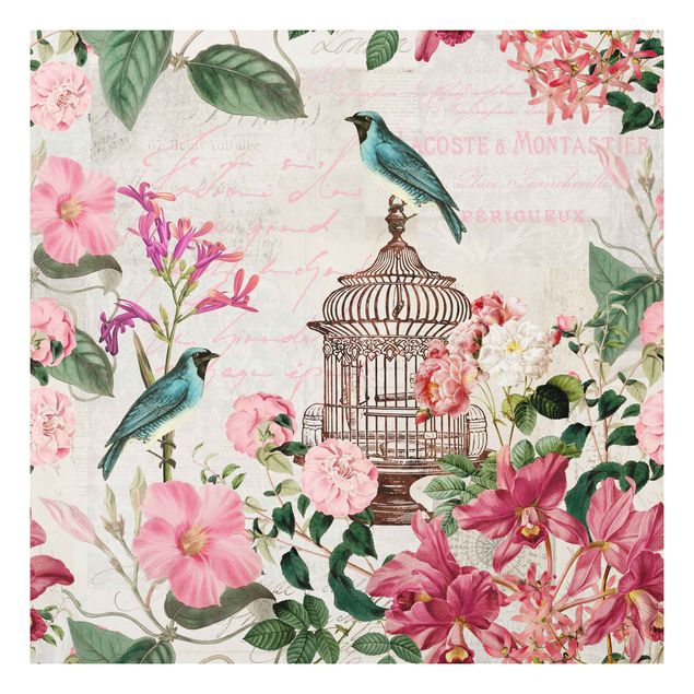 Tableaux moderne Collage Shabby Chic - Fleurs roses et oiseaux bleus
