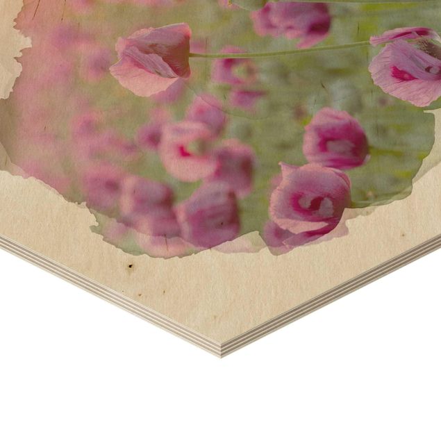 Hexagone en bois - WaterColours - Violet Poppy Flowers Meadow In Spring