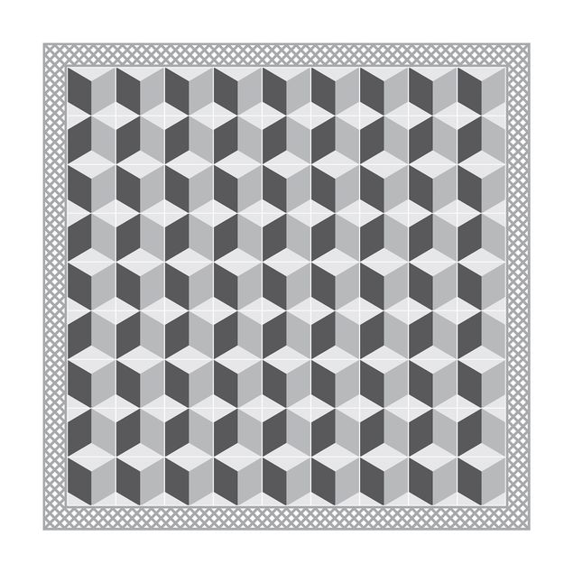 tapis contemporain Carreaux géométriques Illusion d'escaliers en gris avec bordure