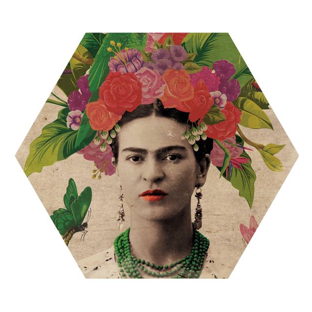 Tableaux bois Frida Kahlo - Portrait de fleurs