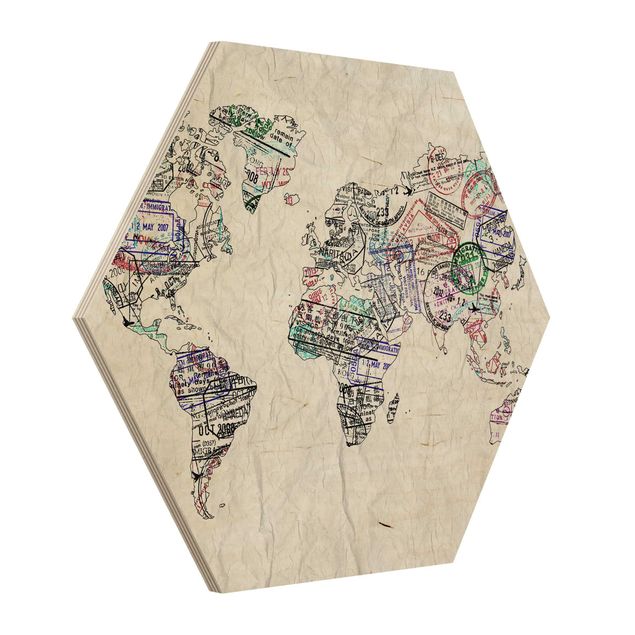 Impression sur bois Silhouette urbaine de Passeport Carte du Monde