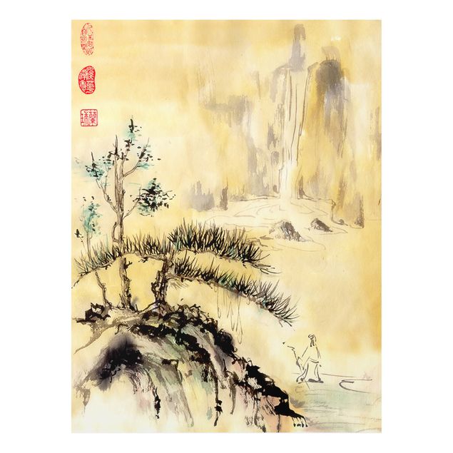 Tableau paysages Dessin aquarelle japonais Cèdres et montagnes