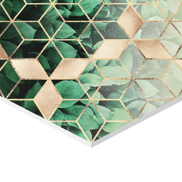 Tableau hexagon Feuilles vertes Géométrie dorée