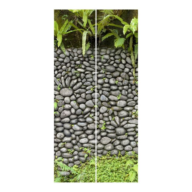 Panneaux coulissants effet pierre et bois Mur de pierre avec plantes