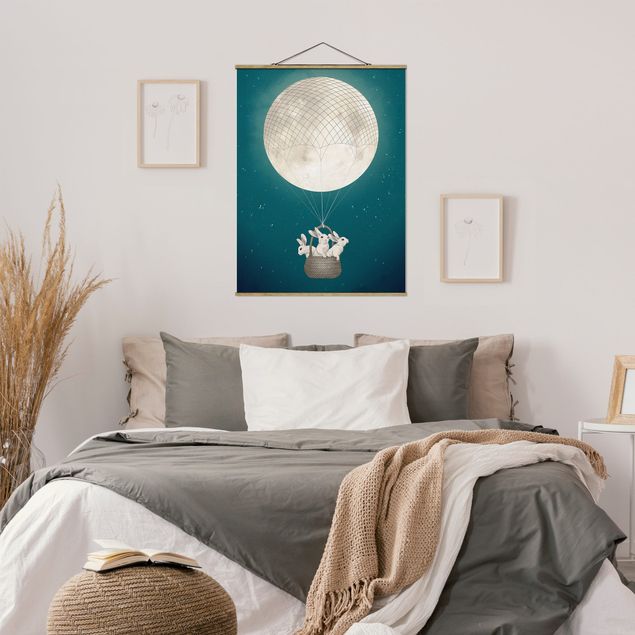 Tableaux moderne Illustration Lapins Lune comme Montgolfière Ciel étoilé