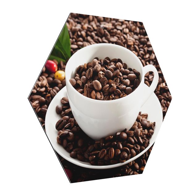 Tableau marron moderne Tasse à café avec grains de café torréfiés