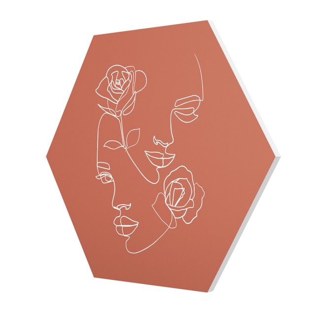 Tableau dominante rouge Line Art Visages Femmes Roses Cuivre