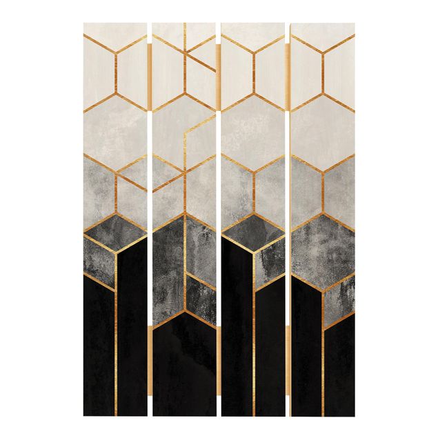 Tableaux en bois Hexagones d'or noir et blanc
