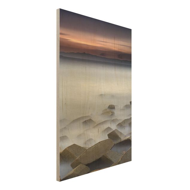 Tableaux en bois avec paysage Coucher de soleil dans le brouillard