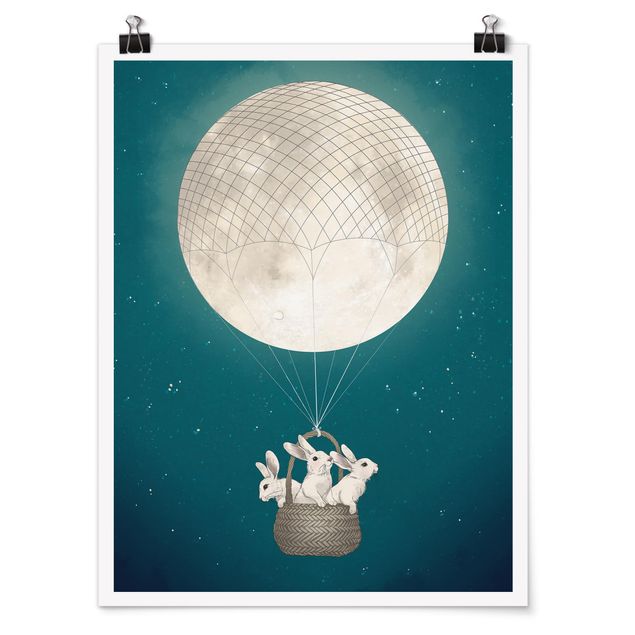 Posters animaux Illustration Lapins Lune comme Montgolfière Ciel étoilé