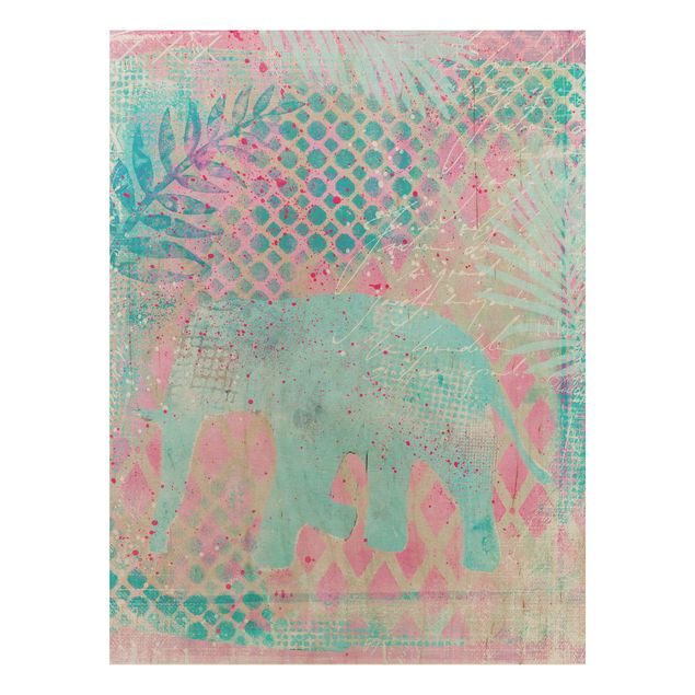 Tableaux en bois avec fleurs Collage coloré - Eléphant en bleu et rose