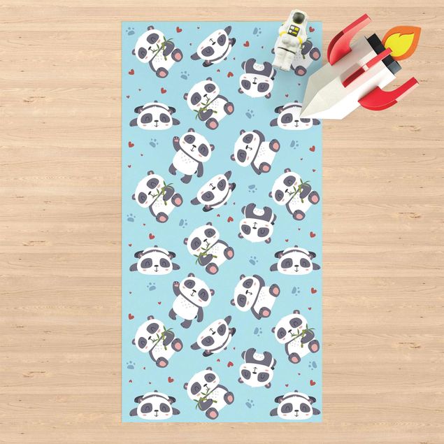 tapis extérieur Panda mignon avec empreintes de pattes et cœurs bleu pastel