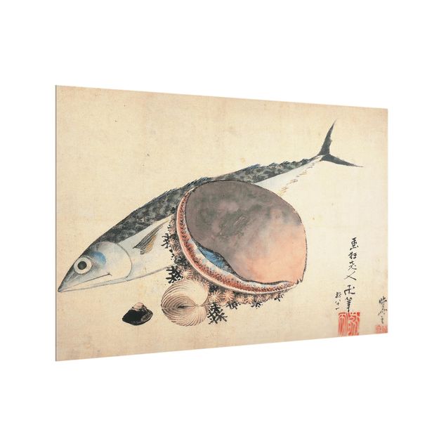 Fond de hotte verre Katsushika Hokusai - Maquereau et coquillages