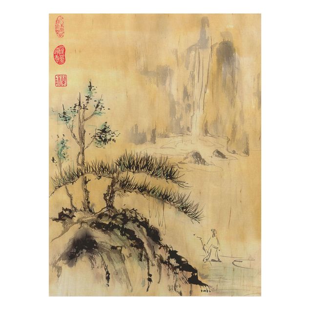 Tableaux en bois avec paysage Dessin aquarelle japonais Cèdres et montagnes