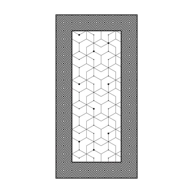 tapis imitation carrelage Carreaux géométriques lignes pointillées noir et blanc avec bordure