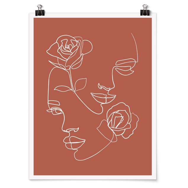 Tableau fleurs Line Art Visages Femmes Roses Cuivre