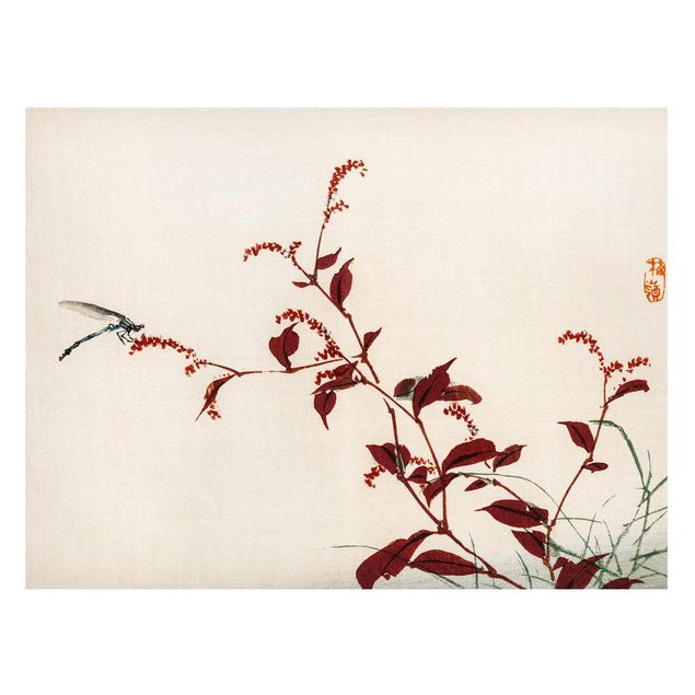 Tableaux magnétiques avec fleurs Dessin vintage asiatique Branche rouge avec libellule
