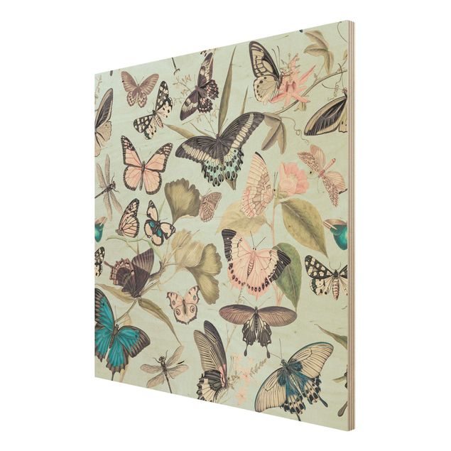 Tableau vintage bois Collage Vintage - Papillons et Libellules