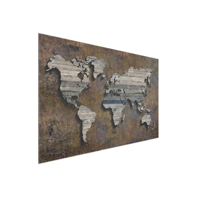 Tableau de ville Carte du monde avec grille en bois