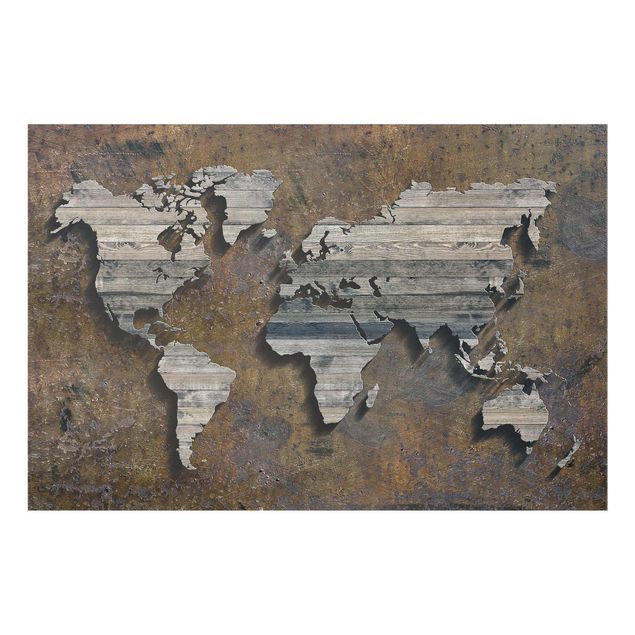 Tableau marron moderne Carte du monde avec grille en bois