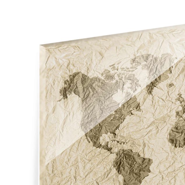 Tableau en verre - Paper World Map Beige Brown