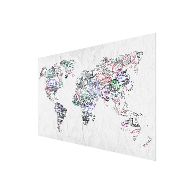 Tableaux en verre magnétique Silhouette urbaine de Passeport Carte du Monde