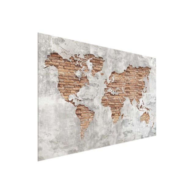 Tableau 3d Carte du Monde en Brique de Béton Shabby